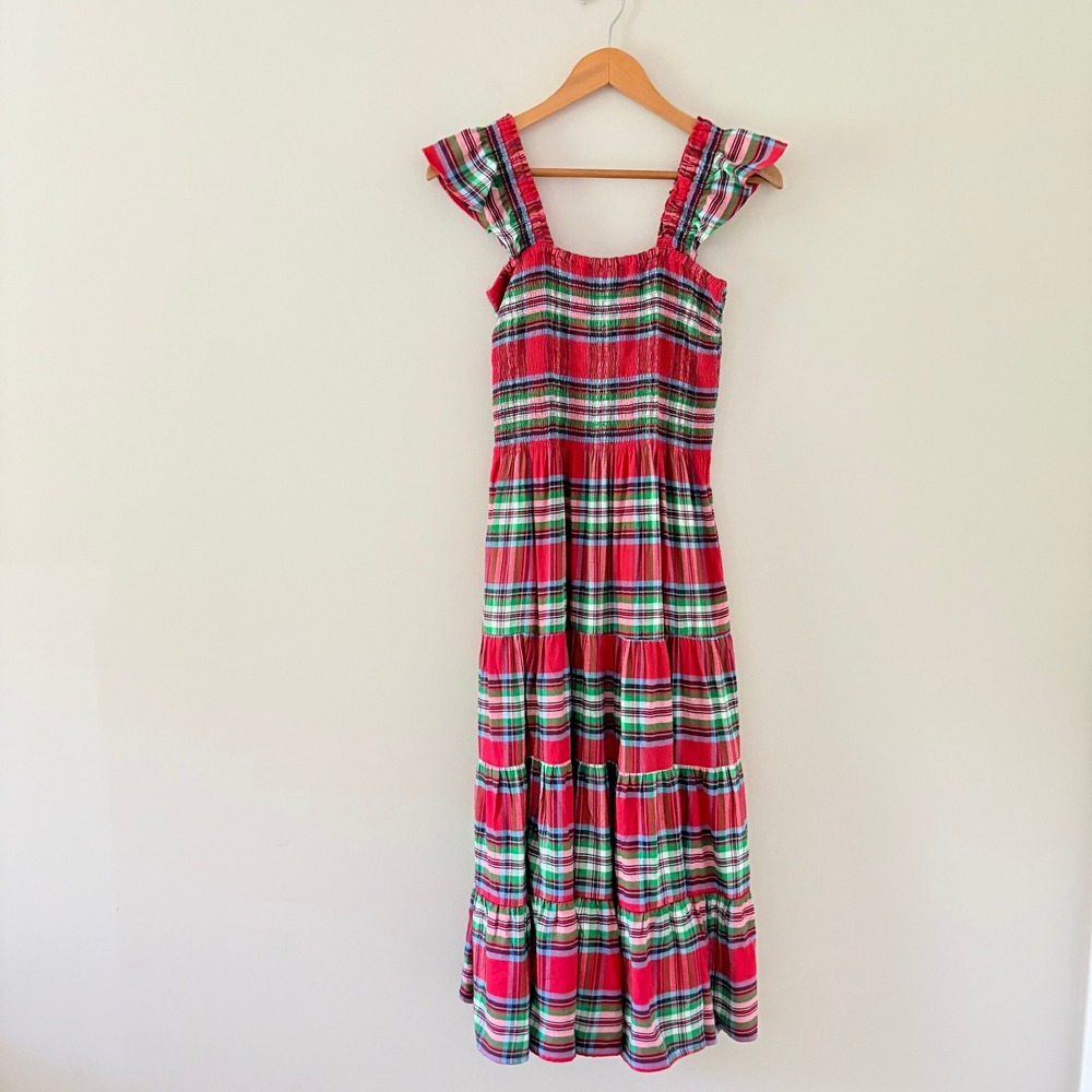 Lands End Dress Smocked Tiered Maxi S 6-8 Red Plaid Ruffle Cottagecore Sundress